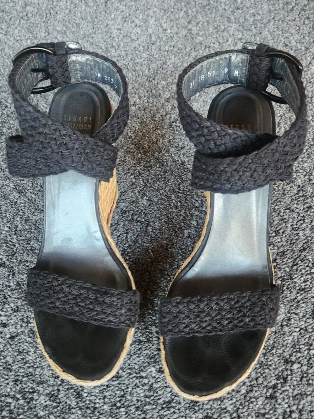 Stuart Weitzman Black Woven Espadrille Wedge Sandals, Size 9 M